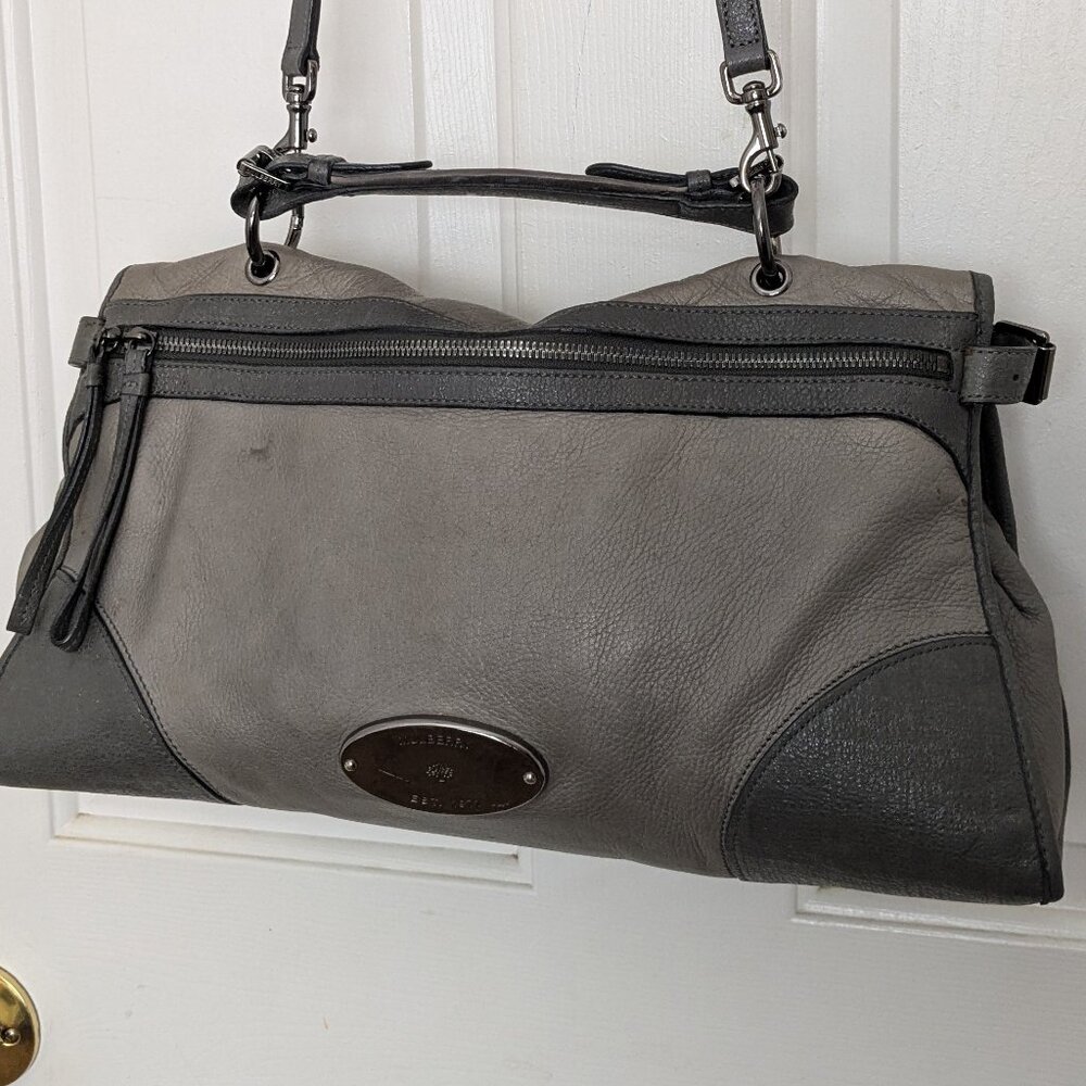 2000s Mulberry Gray Leather Large 2-Way Bag Shoulder Bag Top Handle Bag - Picture 3 of 16